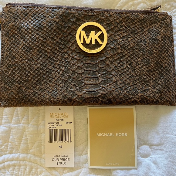 Michael Kors Large Zip Fulton Clutch Leather Mocha Good  condition - Picture 7 of 7